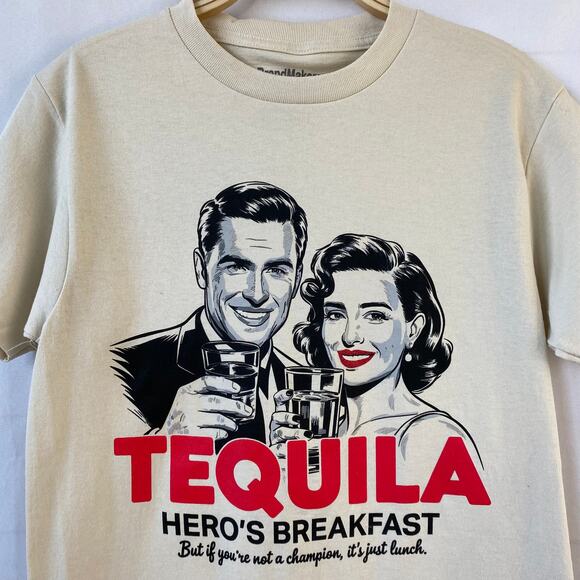 BrandMakers Y2K Retro Graphic T-shirt Men S Cream Tequila Breakfast Print Tee - Picture 2 of 7